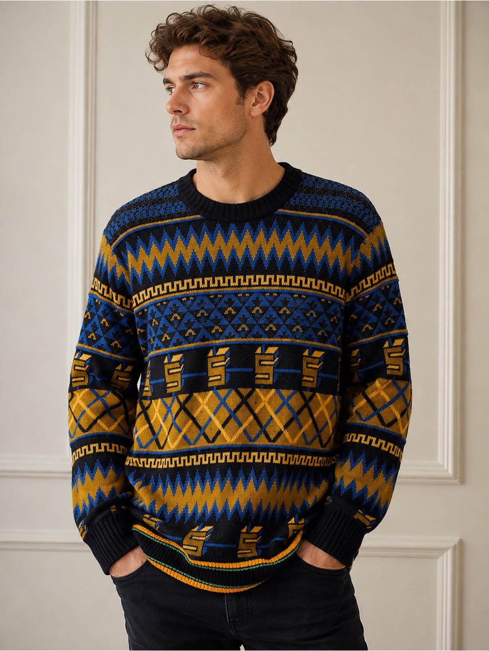 Scotch & Soda Geometric Crewneck Sweater in Blue & Mustard